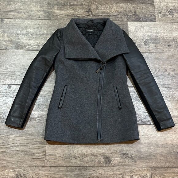 Mackage Asymmetrical Zip Mixed Media Coat Gray Black Leather Sleeve Size Small